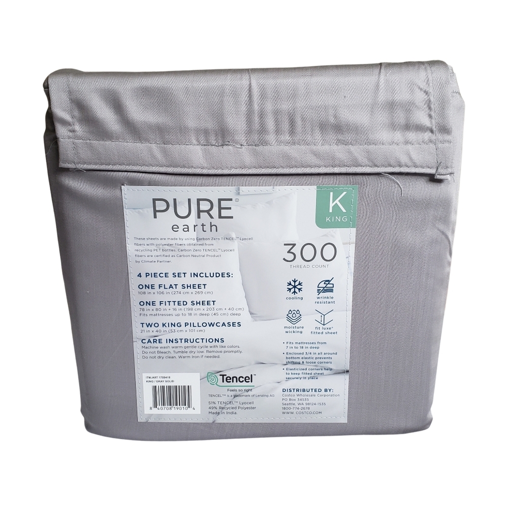 Pure Earth Sheet Set Gray Solid Tencel Blend 4-piece Bedding Home NWT - Picture 3 of 3